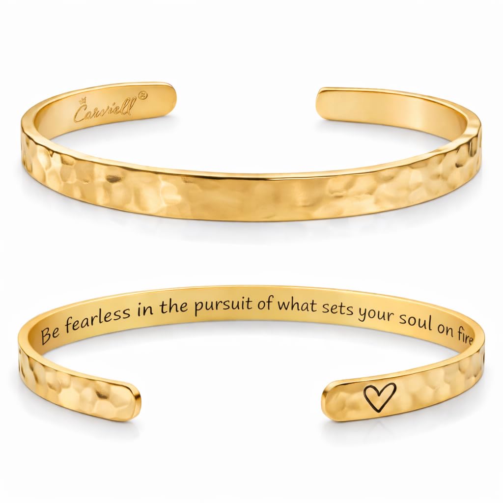 Carviell Gold Motivational Bracelet for Women – “Be Fearless in the Pursuit of What Sets Your Soul on Fire” Engraved Cuff, Inspirational Jewelry Gift for Friend, Sister, Daughter, or Yourself