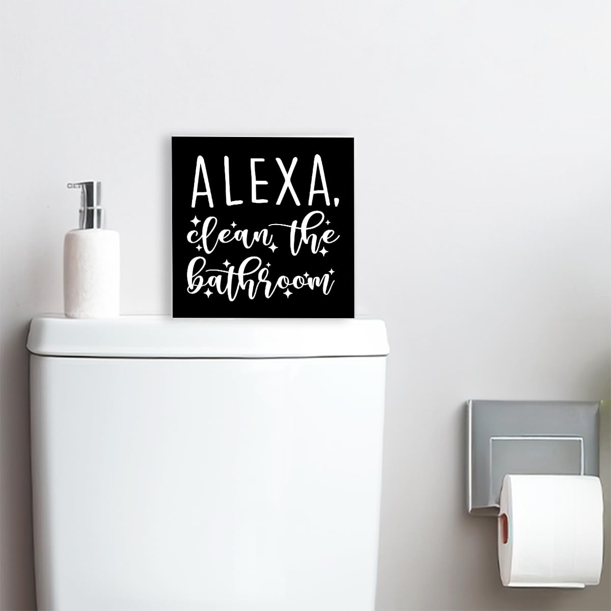 Funny Black Wood Sign Alexa Clean the Bathroom - Wooden Block Sign for Shelf, Toilet, Restroom, Home, Tabletop, Desk Decor - Farmhouse Style