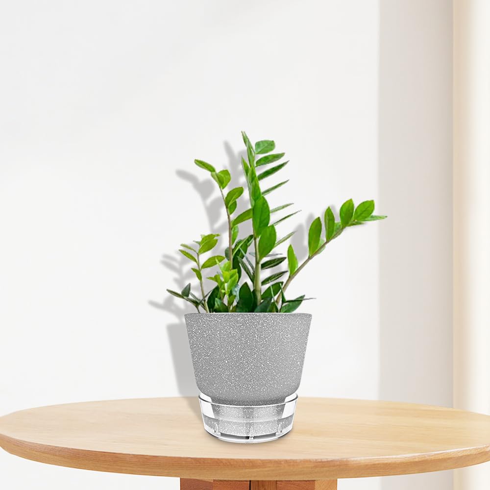 HYNZ Plant Pots - 6" Orchid Pot, 5 Pack Orchid Pots with Holes - Self Watering Pots for Indoor Plants - Plant Pots with Drainage Hole and Tray Saucer (Frosted Gray)