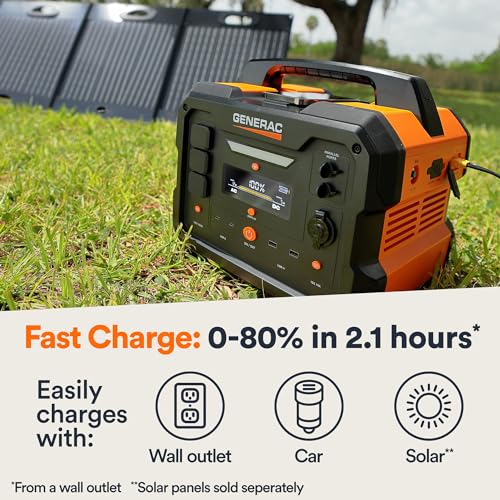 Generac 1086Wh Portable Power Station with Lithium-Ion Battery - Clean, Emission-Free Power - Wirless Charging Pad and Compact Design - Camping, RV, Indoor/Outdoor Use - Orange/Black