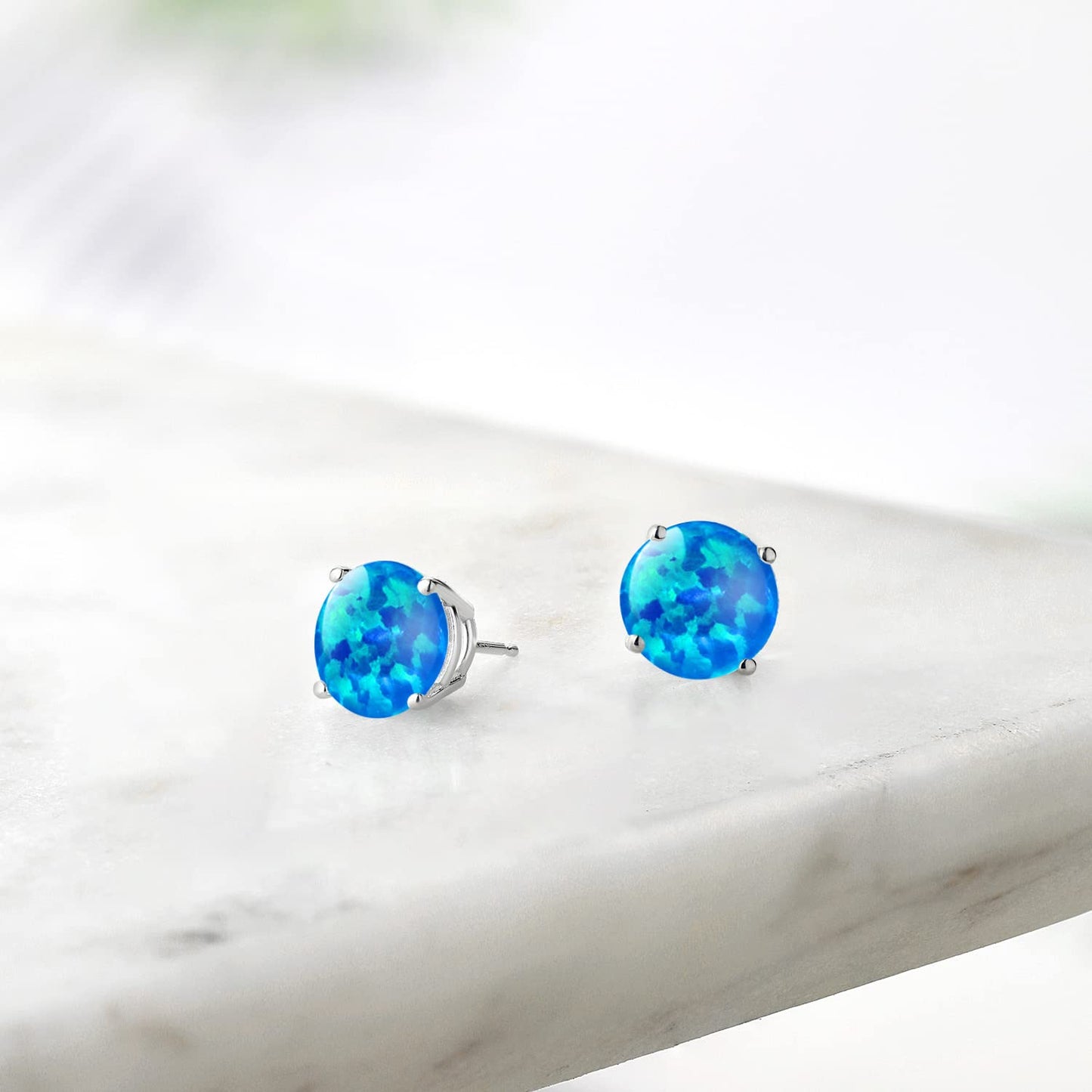 Gem Stone King 2-4 Cttw Round Gemstone Birthstone Stud Earrings For Women Men | 925 Sterling Silver | Round 7MM | Fine Jewelry Gifts for Women Her Mom Wife Men | Blue Simulated Opal-Cabochon-October