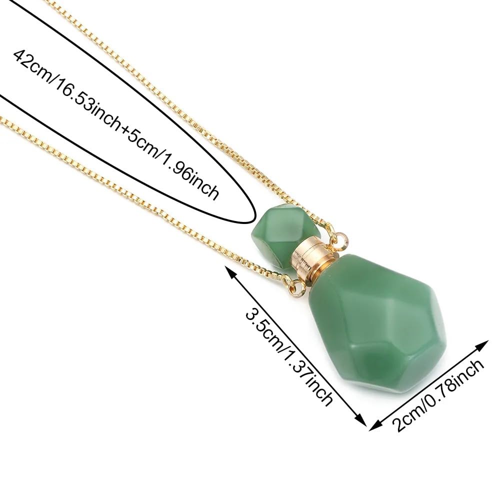 14K Yellow Gold Natural Stone Vial Necklace For Women - Glass Pendant Water Drop Jar Perfume Jewelry - Container For Liquid Oil Diffuser