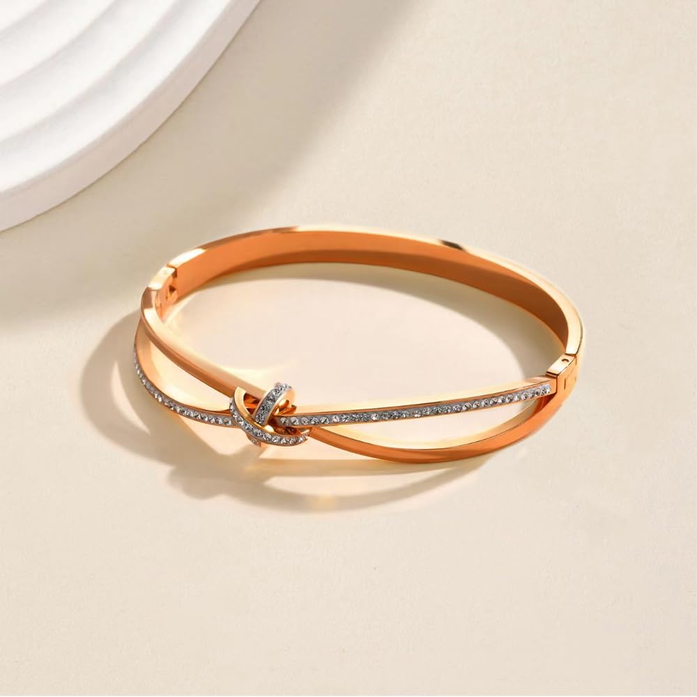 Bow Bangle Bracelet for Women Personalized Cubic Zirconia Stainless Steel Bracelets Oval Butterfly Knot Bangles Bracelets Gifts for Love （Rose）