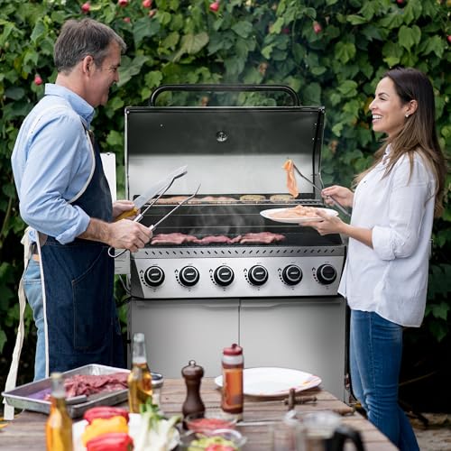Royal Gourmet GA6406W 6 Burner Propane Gas Grill with Foldable Right-Side Table, 74,000 BTUs, Cabinet Style Gas BBQ Grill with Side Burner for Barbecue Grilling & Backyard Cooking, White