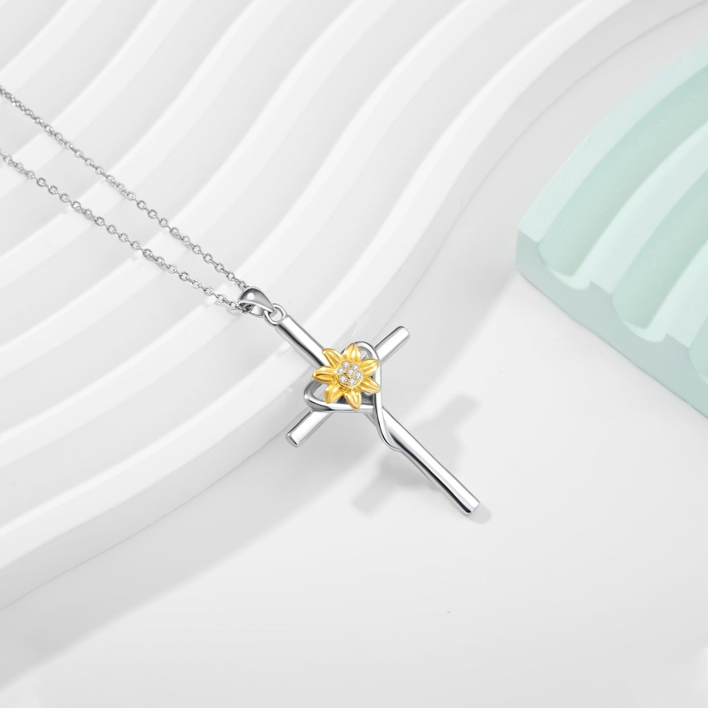 Eetaitai Sunflower Necklace for Women Sterling Silver Cross Necklace Sunflower Jewelry Religious Necklace for Women Mothers Day Gifts for Mom Wife Sister