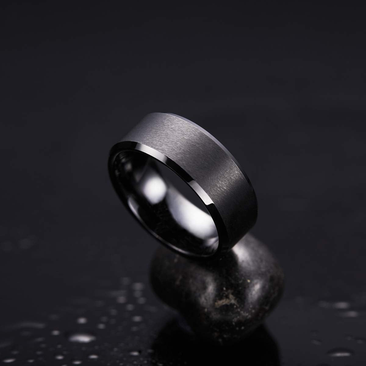 King Will 9mm Men's Black Wedding Ring - Brushed Matte Surface, Beveled Polished Edge, Comfort Fit Size 15