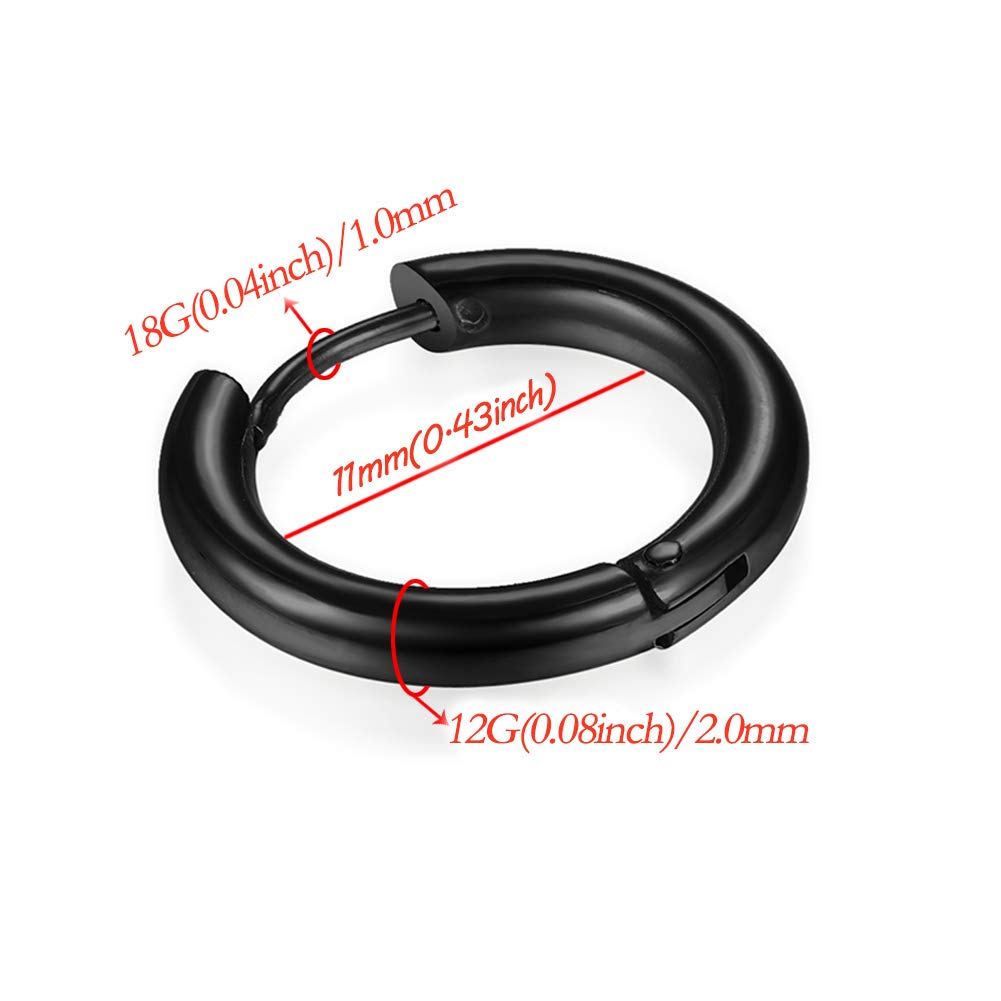 316L Surgical Stainless Steel Huggie Hoop Earrings 11mm Hypoallergenic Earrings Hoop Cartilage Helix Lobes Hinged Sleeper Earrings For Men Women(D03:11mm Black(THK 2.0mm))