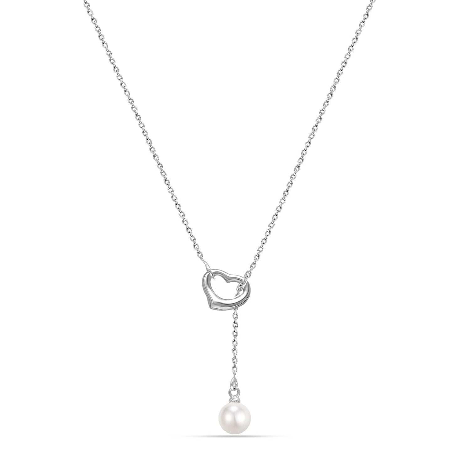 LeCalla 925 Sterling Silver Freshwater Pearl Heart Pendant Necklace Open Heart Lariat Necklace Pendant with Cable Chain for Women 24 Inches