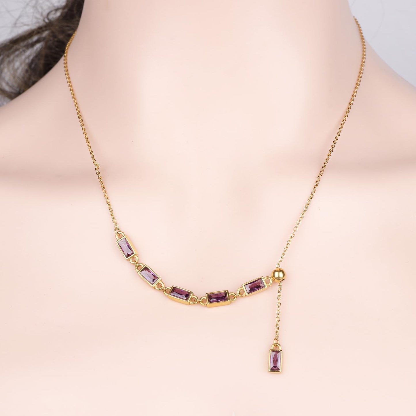 TaYolnFaSo Amethyst Y Shaped Necklace 18K Gold Plated Emerald Cut Purple CZ Y Lariat Necklace Amethyst Jewelry Christmas Gift for Women
