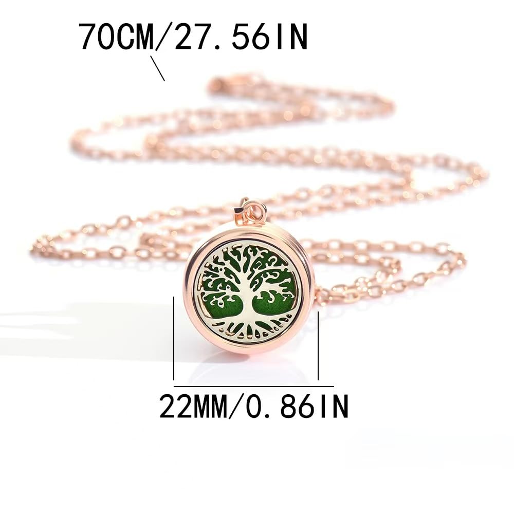 4-Piece Rose Gold Tree of Life Aromatherapy Necklace Set, Essential Oil Diffuser Pendant, Women's Stainless Steel Fragrance Jewelry, Includes Replacement Cotton Pads
