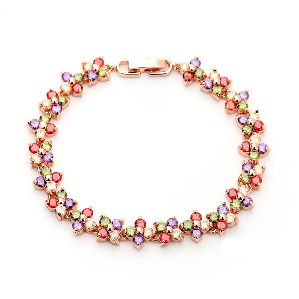 PAENENPH 18K Rose Gold Bohemian Style Colorful Crystal Bracelet for Women,Flower Shape Natural Crystal Rainbow Link Bracelet,Luxury Bracelet Jewelry Gift for Her (Style 2 (Flower), 18K Gold)