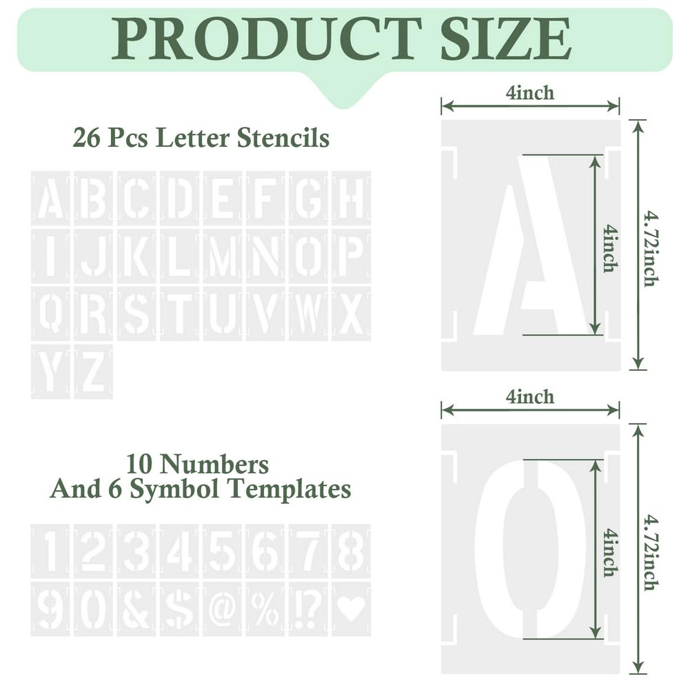 4 Inch 42 Pcs Reusable Letter Number Symbol Stencils, Plastic Painting Templates for Wood Wall Fabric Rock Chalkboard Signage School Door Porch DIY Art Craft Decoration Projects