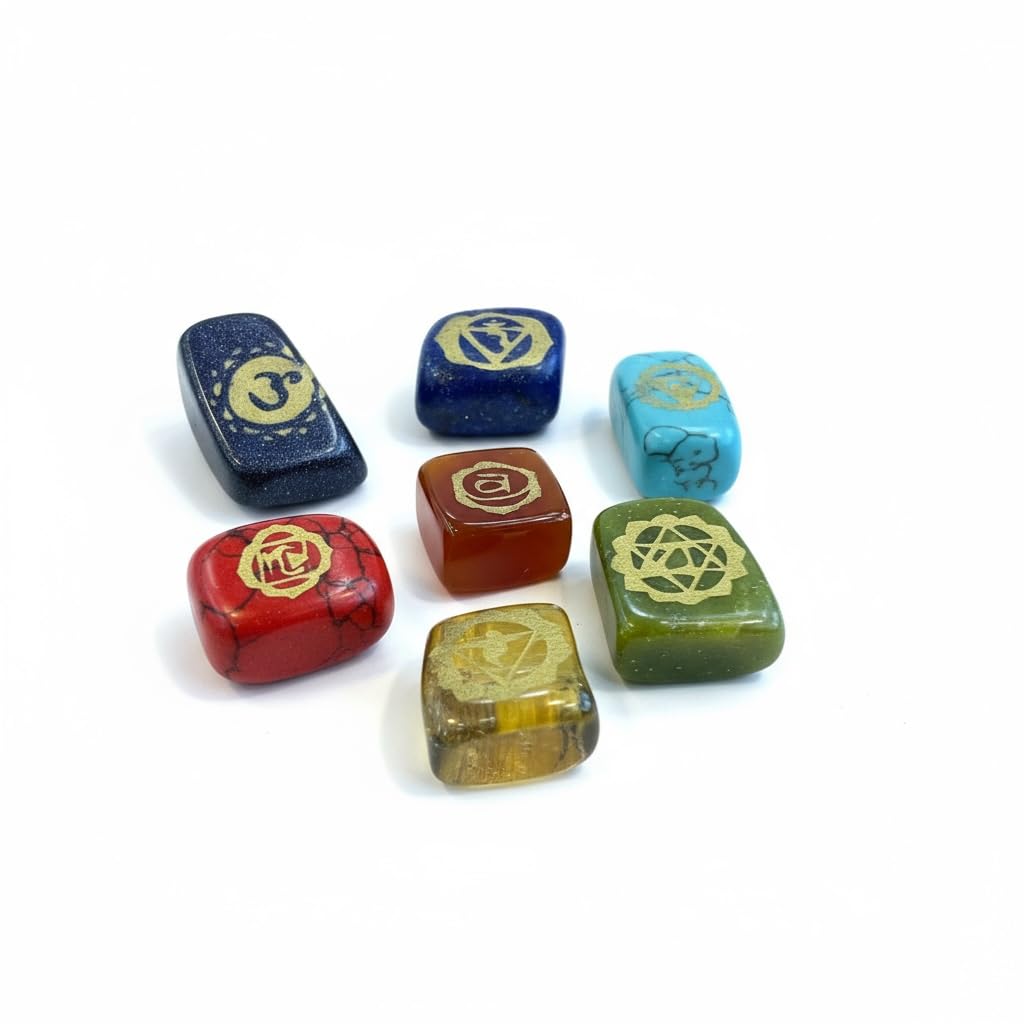 7 Chakra Engraved Crystal Healing Stones Set, Natural Gemstone Meditation Stones with Sacred Symbols, Multicolor Carved Quartz Crystals for Spiritual Balance (Square)