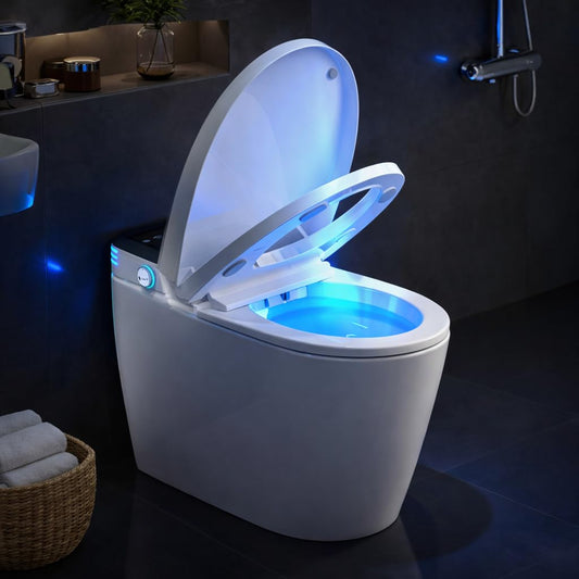 Smart Toilet, One Piece Bidet for Bathrooms, Modern Elongated Toilet with Warm Water, Dual Auto Flush, Foot Sensor Operation, Heated Bidet Seat, Electric Tankless Toilets with LED Display