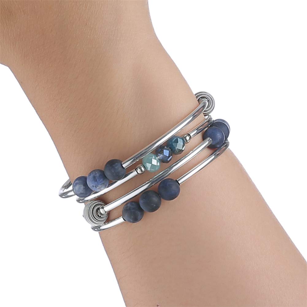 PEARL&CLUB Bead Crystal Wrap Bangle Bracelet - Fashion Jewelry Beaded Bracelet with Silver Metal, Gifts for Women(61-Blue)
