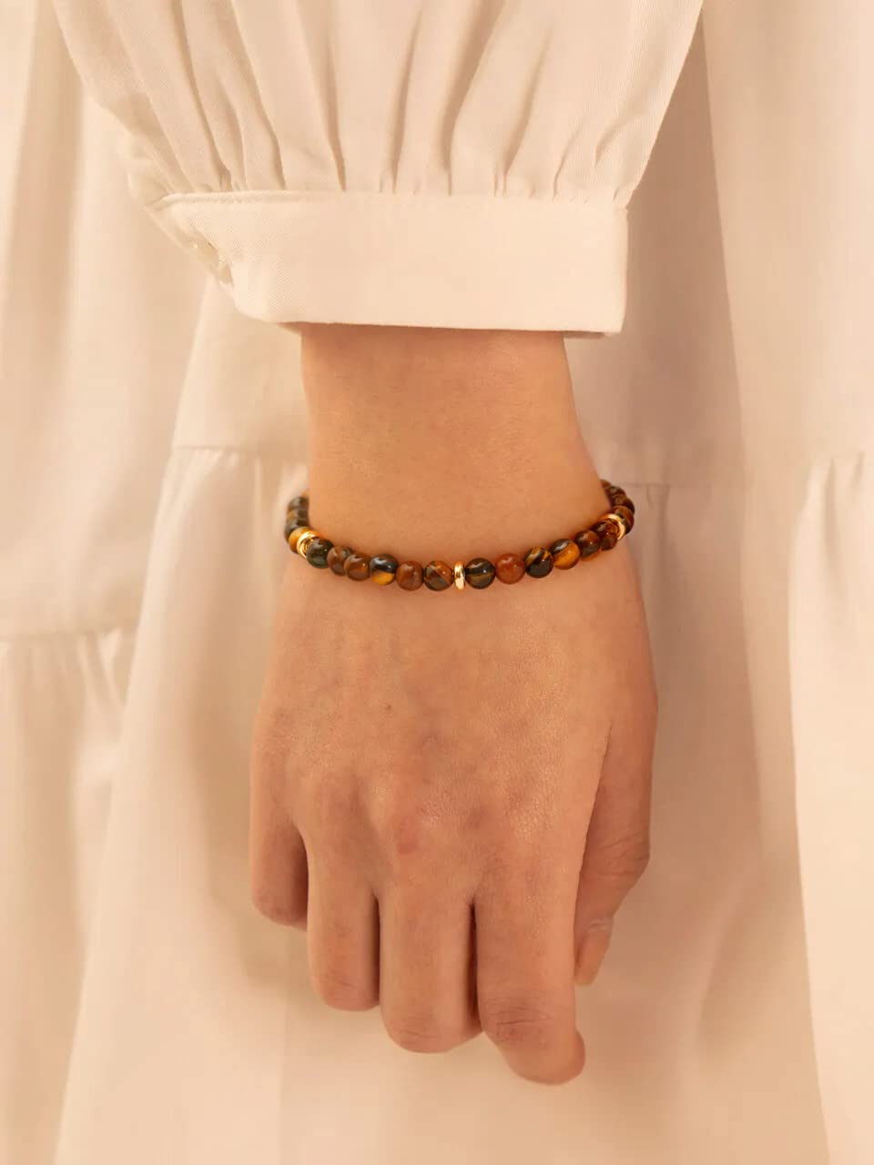 PERNNLA PEARL Tigers Eye Crystal Beaded Bracelets Handmade Anxiety Healing Bracelets for Women Dainty Eye of The Tiger Gemstone Protection Gold Bracelet 7.5”
