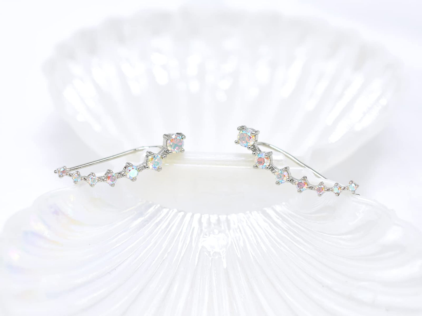 Sterling Silver 7 Crystals Ear Cuffs Climber Cartilage Earrings Dainty Trendy Jewelry Hypoallergenic Fashion Earring Charms Birthday Gift for Women (White Colorful)