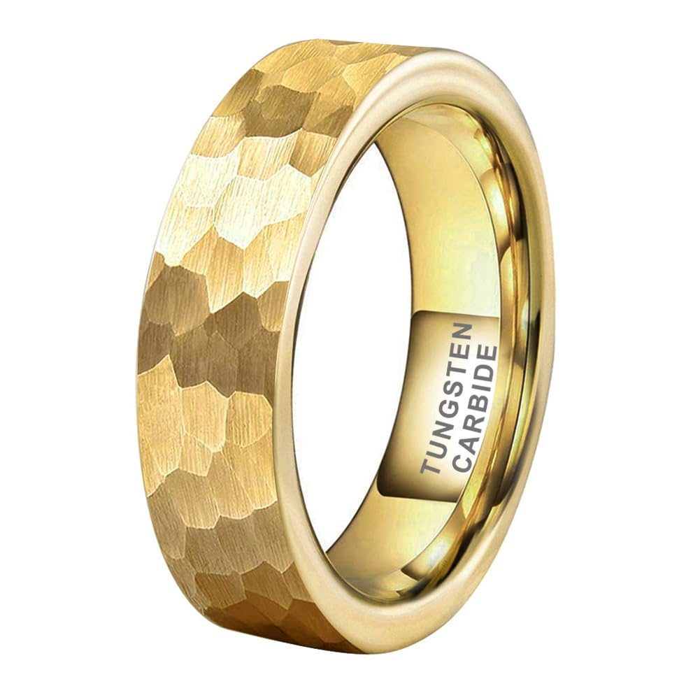 TUTISS 6mm Gold Hammered Tungsten Rings for Men Women Engagement Wedding Bands Pipe Cut Matte Finish Comfort Fit Size 10