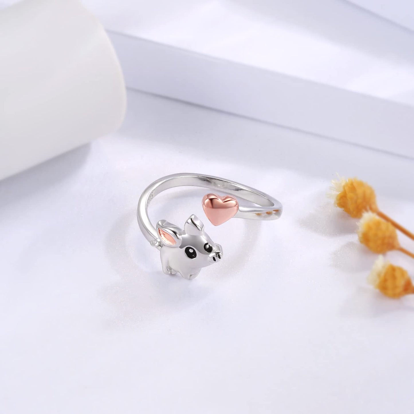 Zepmais 925 Sterling Silver Animal Ring - Adjustable Open Owl Axolotl Rings with Heart Cubic Zirconia Opal Cute Animals Jewelry Gifts for Women (Pig)