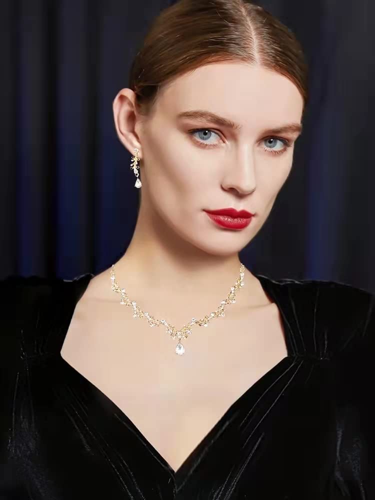 Enrwin 3Pcs Austrian Crystal Jewelry Set for Women, Necklace Dangle Earrings Link Bracelet with Gold/Platinum/Gun Plated, Wedding Party Bridal Bridesmaid (White-Gold Plated)