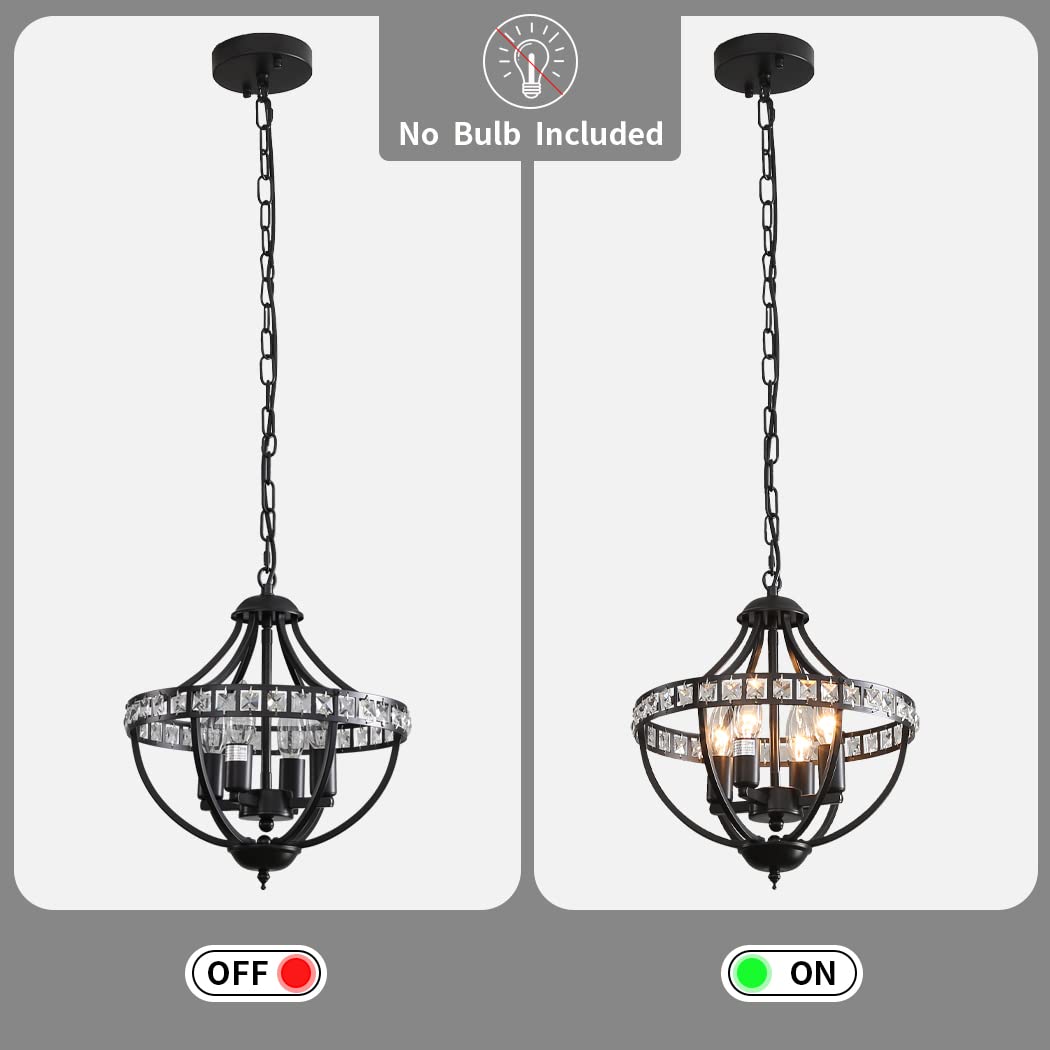 Lanpesting Crystal Chandelier Light Fixtures, 4-Lights Farmhouse Rustic Vintage Black Pendant Hanging Lighting Ceiling Chandeliers for Kitchen Island Dining Room Living Room Bedroom Foyer Hallway