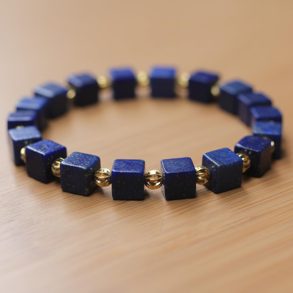 Lapis Lazuli Healing Bracelet – Real Crystal Beads for Stress Relief, Meditation & Chakra Balance – Natural Gemstone Jewelry Gift for Women & Men, Adjustable with Gift Box (6mm Cube Gold Accent)