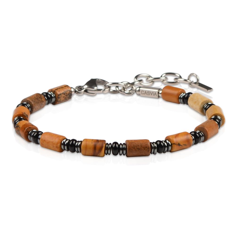 Casvia Mens Beaded Bracelet, Picture Stone, Hematite & Black Agate, Adjustable Stainless Steel Chain, Handmade Chakra Jewelry Gift for Dad Husband Boyfriend