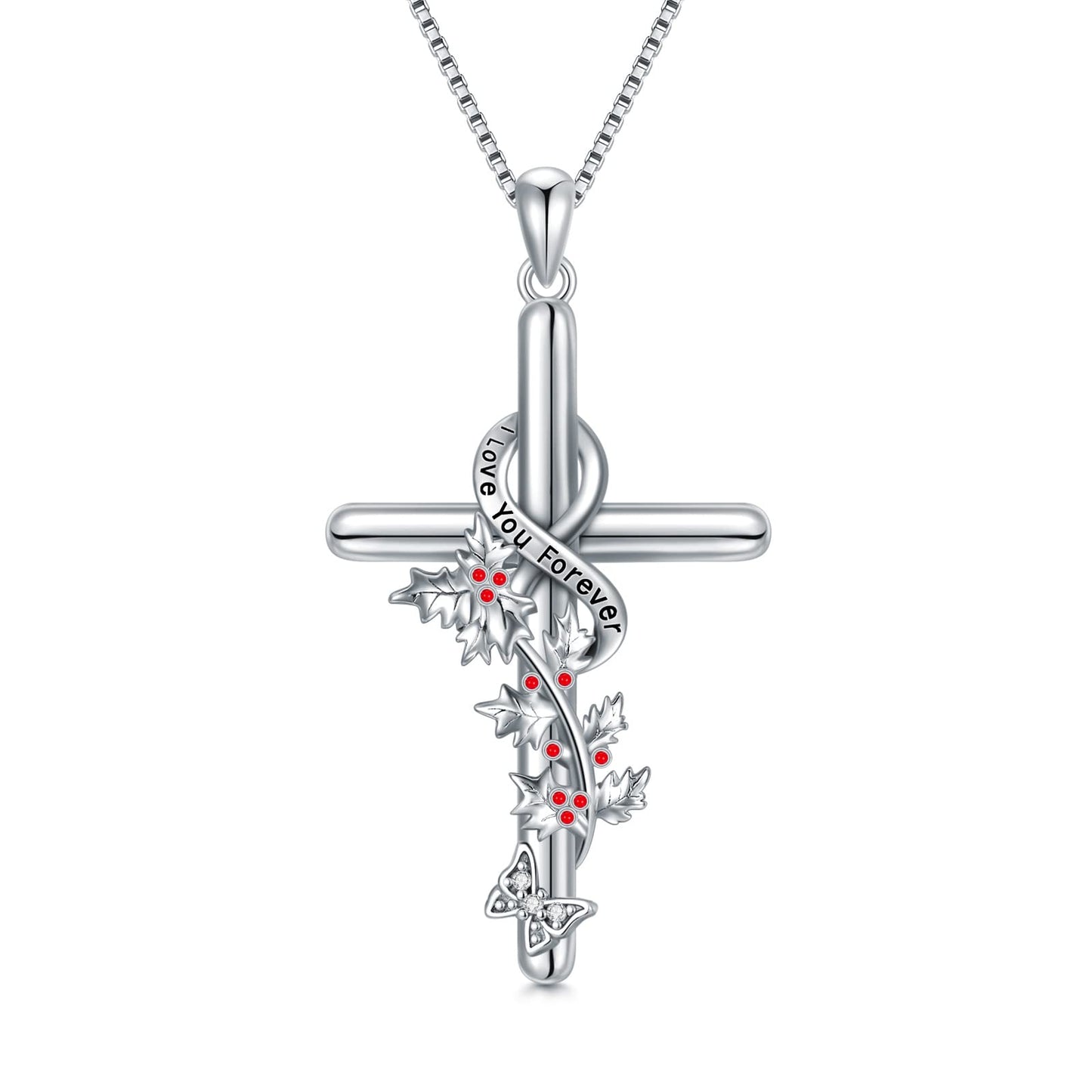 Flpruy December Birth Flower Necklace 925 Sterling Silver Holly Floral Pendant Cross Necklace Birthday Jewelry Gifts for Women Her Mom
