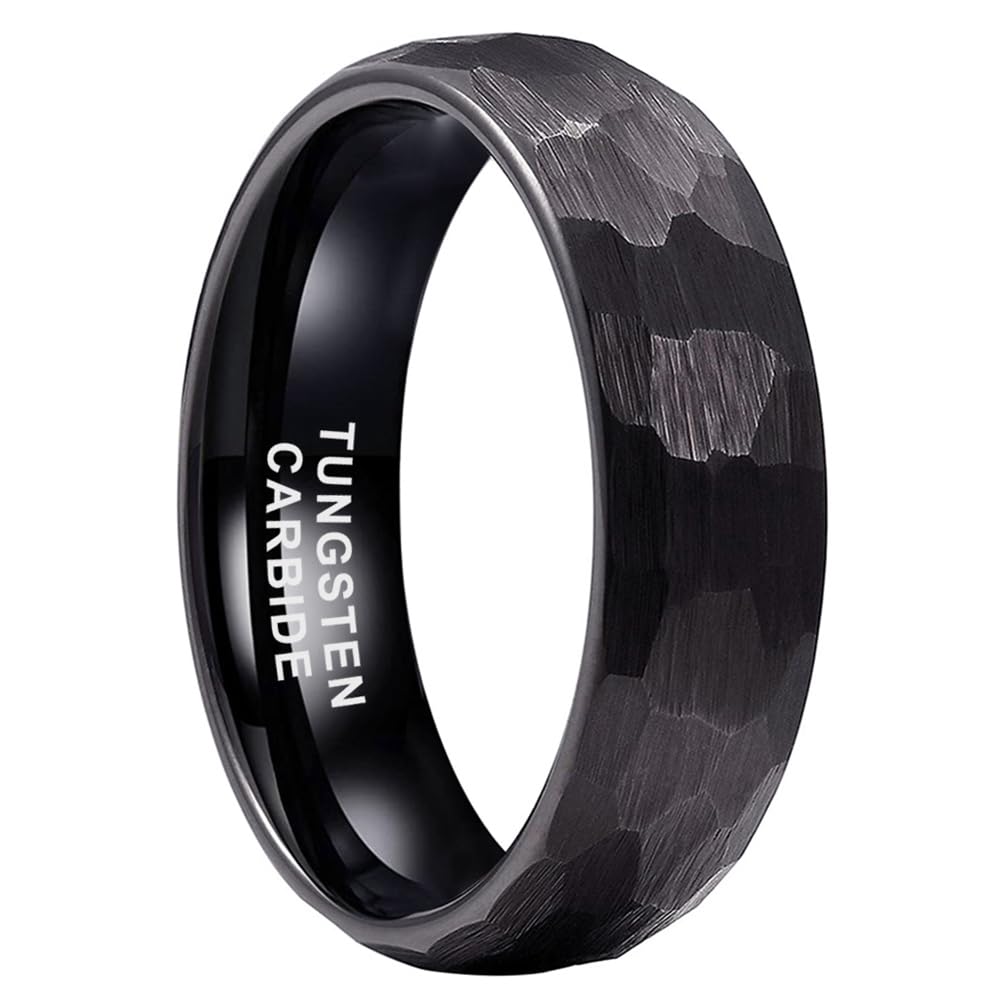 TUTISS 6mm Black Hammered Tungsten Rings for Men Women Fashion Engagement Wedding Bands Domed Matte Finish Comfort Fit Size 7