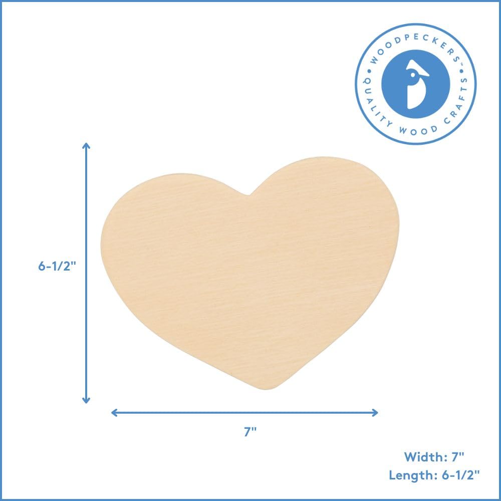 DIY Wooden Heart Cutouts for Crafts 7 inch, 1/8 inch Thick, Pack of 5 Unfinished Shapes for Valentines Day Party Décor, by Woodpeckers