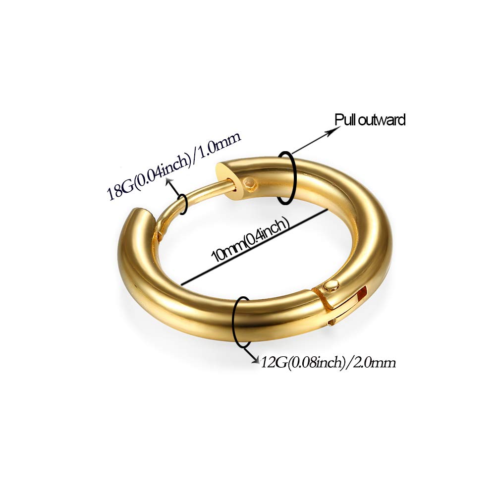 316L Surgical Stainless Steel Huggie Hoop Earrings 10mm Gold Hypoallergenic Earrings Hoop Cartilage Helix Lobes Hinged Sleeper Earrings For Men Women (C01:10mm Gold(THK 2.0mm))