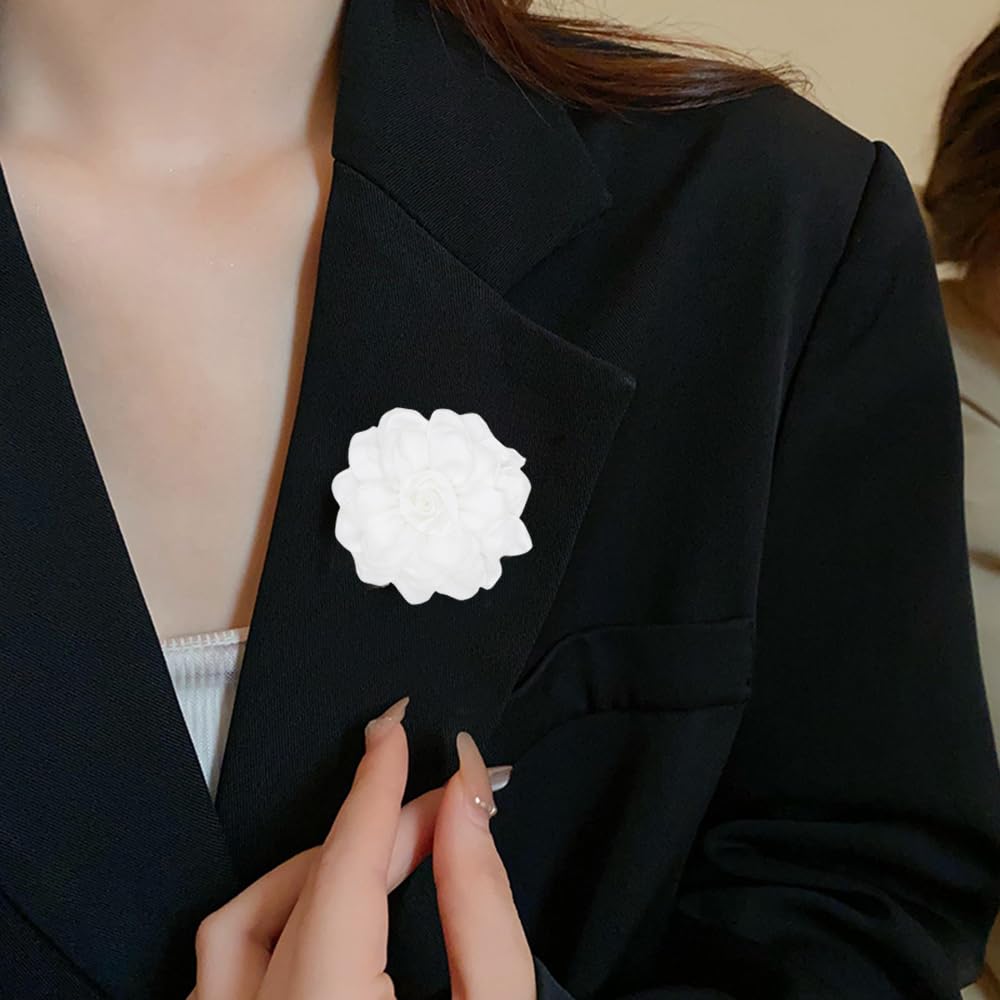 Elegant Large Cloth Flower Brooches Big Camellia Flower Pin for Women Dainty Cloth Fabric Rose Brooches Dress Skirt Scarf Hat Pins Clothing Decoration Accessories (White A)