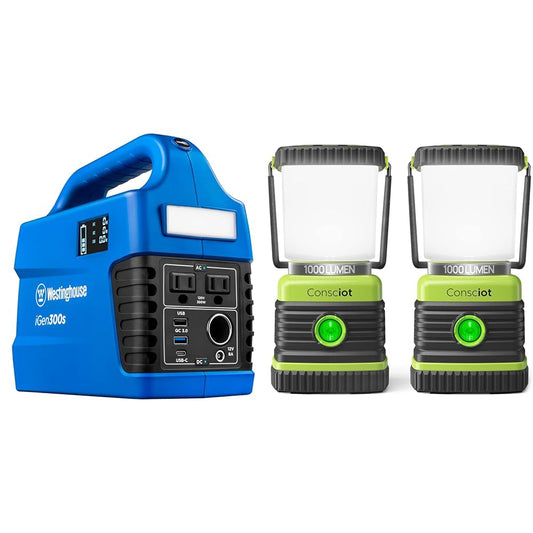 Westinghouse 296Wh 600 Peak Watt Portable Power Station and Solar Generator, Pure Sine Wave AC Outlet & LED Camping Lantern, Consciot Battery Powered Camping Lights, 1000LM, 4 Light Modes