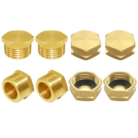 Joywayus Brass Garden Hose Plugs Caps Kit, 4PCS 3/4" GHT Male Plug + 4PCS 3/4" GHT Female Cap, Hex Watering Pipe Fittings with Washers