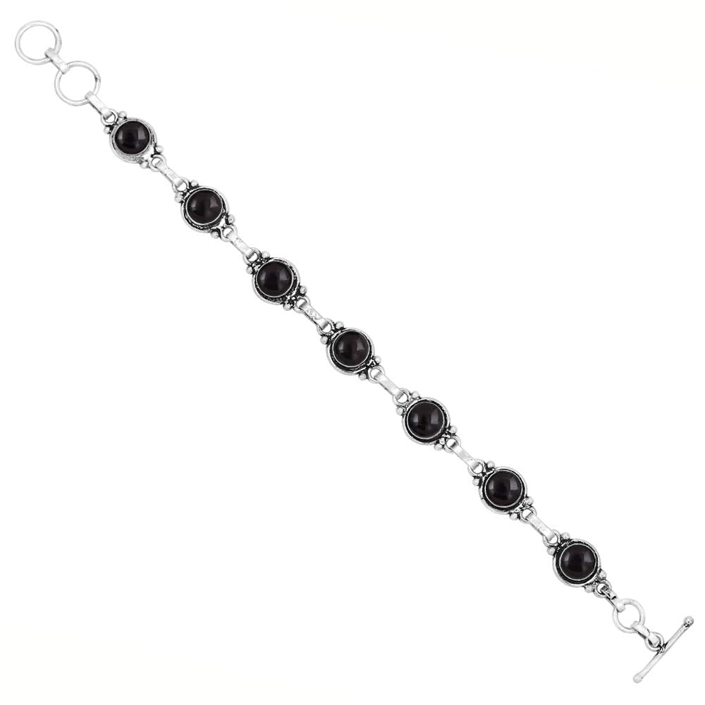 Natural Black Onyx 925 Silver Plated Adjustable Bracelet for Women - July Birthstone Round Gemstone Handmade Bohemian Link Bracelet - Wedding Christmas Valentine Day Gifts for Her