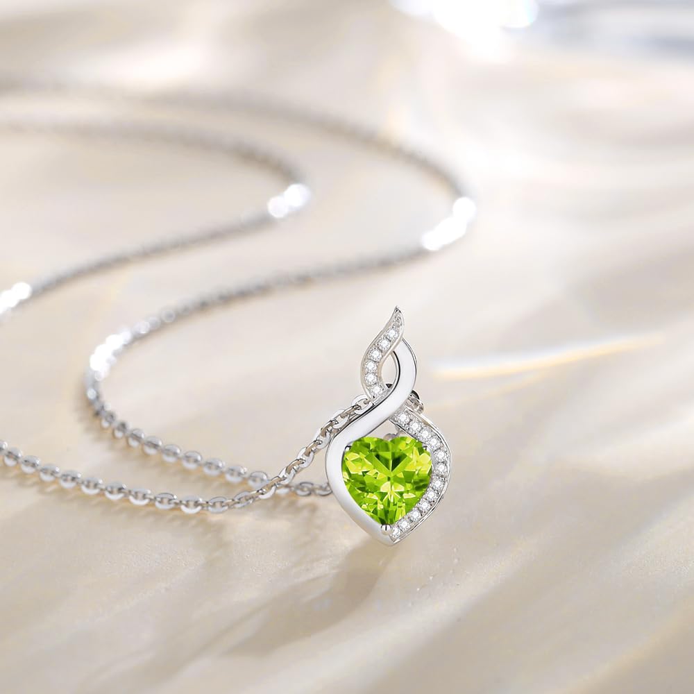 FANCIME Natural Peridot Necklace 14K Solid White Gold Heart Pendant with Diamond August Birthstone Necklace Jewelry Gifts for Mom Women