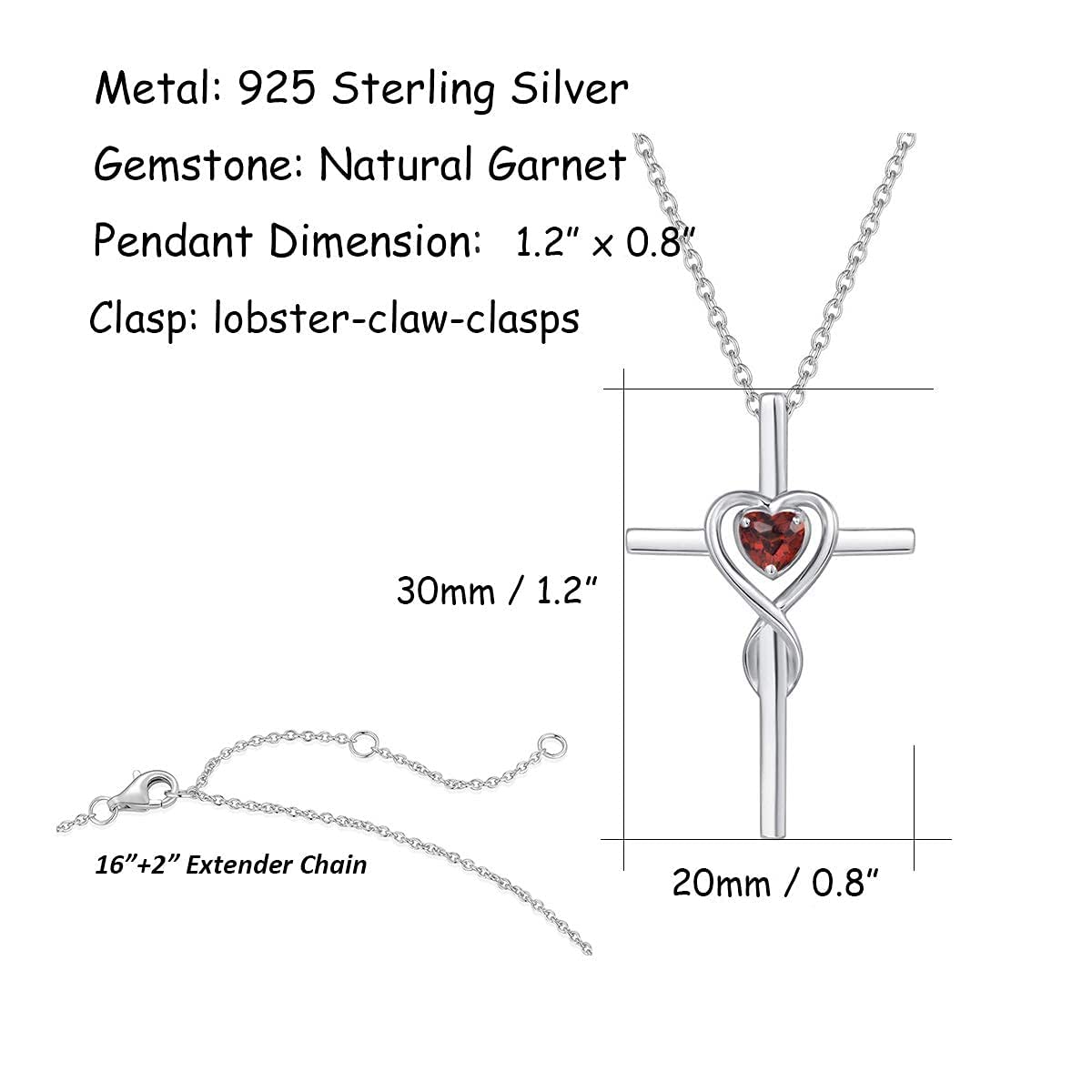 FANCIME Garnet Cross Necklace For Women Sterling Silver Birthstone Necklace Garnet Infinity Heart Cross Pendant January Birthstone Jewelry Gifts for Women