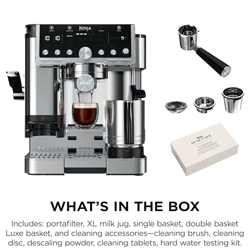 Ninja Luxe Café Pro Series, Espresso Machine, Drip Coffee, Cold Brew, Hot Water, Integrated Tamper, Built-in Grinder, Hands-Free Frother for Cappuccinos, Lattes, Americanos, Dairy or Non-Dairy, ES701