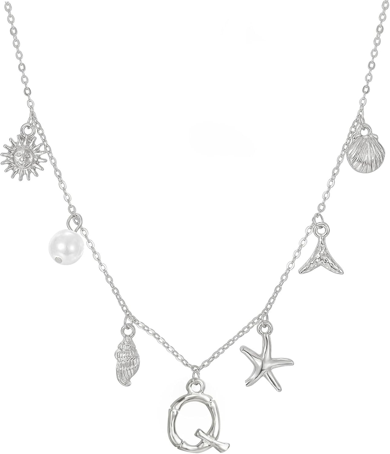 JALZEMPL Initial Charm Necklace For Women Seashell Shell Letter Boho Summer Beach Starfish 14k Gold Plated Silver Pendant Surfer Jewelry Gifts (Q,Silver)
