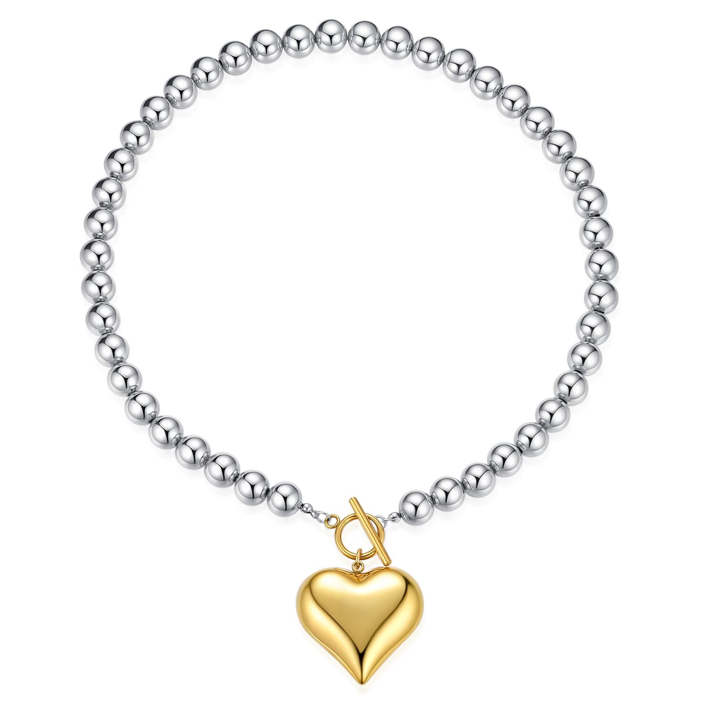 NUZON Chunky Puff Heart Pendant Necklace for Women 18K Gold Plated Large Heart and Silver-tone Beaded Chain Necklace 2-tone Stainless Steel Toggle Clasp Statement Jewelry 18''
