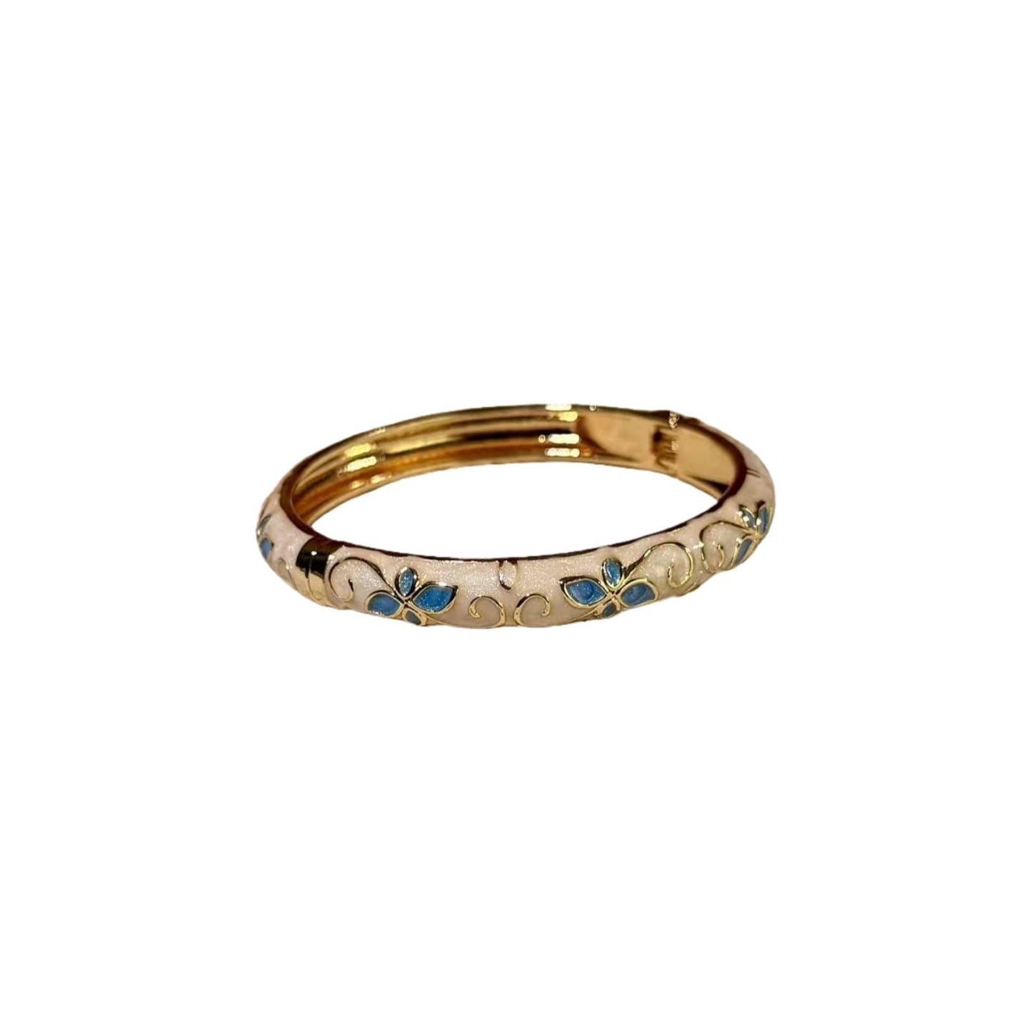 MQCEHTI Vintage Flower Cloisonne Bangle Bracelet for Women, Enamel Chunky Gold Plated Bracelets Jewelry Gifts (White Blue Flower)