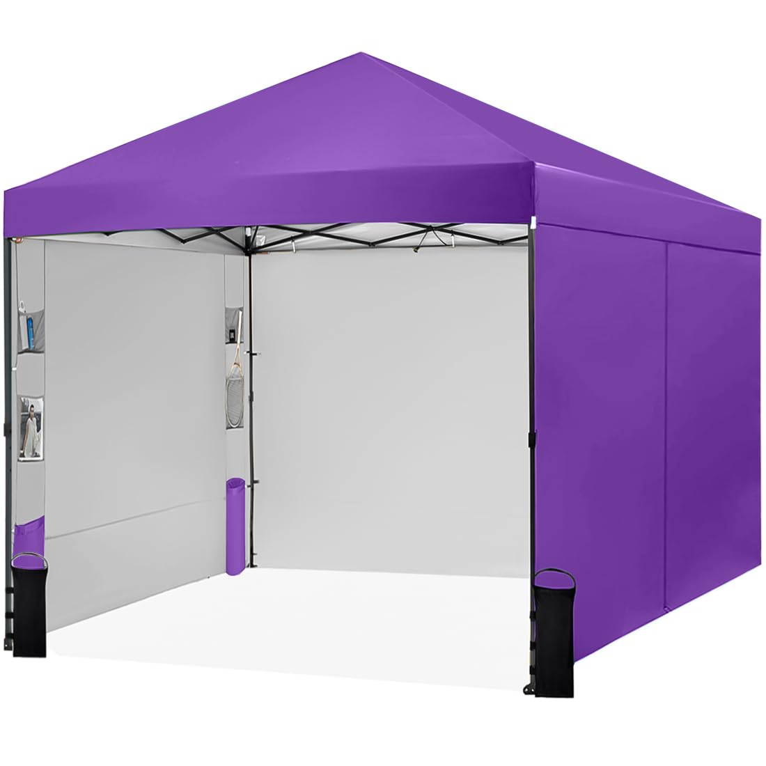 Tunbne 10X10 Comercial Pop Up Canopy Tent with 4 Sidewalls and 6 Pockets, One Push Setup Center Lock, for Beach Patio Outdoor, Case, 8 Stakes, 4 Ropes, 4 Sandbags (Purple)