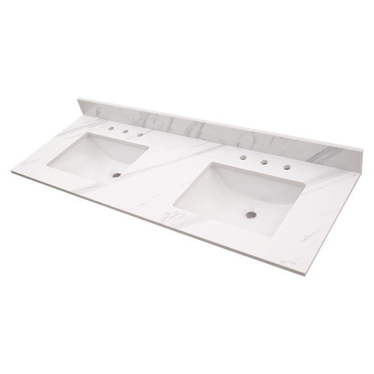 MSI Calacatta Lumas Vanity Top with Under Mount Rectangle Double Bowl Ceramic Sinks, Engineered Marble Stone, 4" CC Faucet Holes, 61"X22"