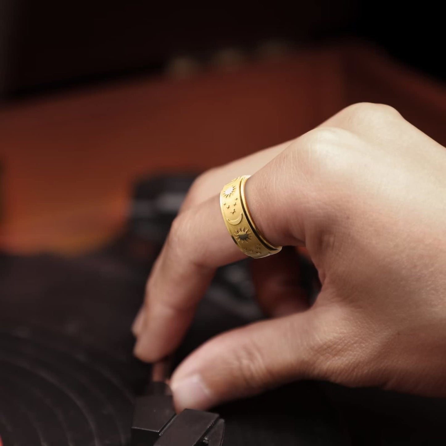 King Will Mens Fidget Ring Old Gold 8mm Stainless Steel Ring Spinner Ring For Men Women Stress Anxiety Relief Rotating Ring Finger Teens Toy Moon Sun Star Comfort Fit For Unisex Adults 7