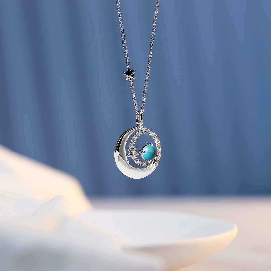 FANCIME December Birthstone Necklaces with Moon Star Pendant, Turquoise 925 Sterling Silver Fine Jewelry Birthday Anniversary Mothers Day Gifts for Women Mom Daughter, Adjustable Chain 16"+2"