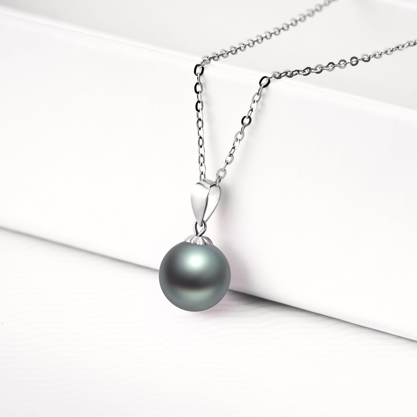 14k White Gold Simualted Black Pearl Necklace and 18k Earrings Set for Women