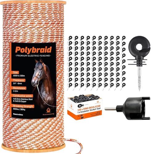 Pet & Livestock HQ - 1000ft Electric Polybraid Fence with 100 Insulators - 2 Product Bundle