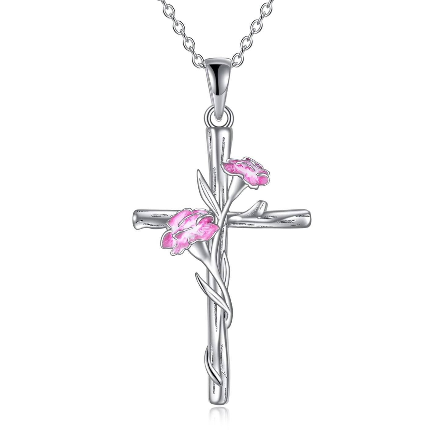 LUHE Women Cross Necklace Sterling Silver Birth Flower Pendant Necklace Religious Cross Jewelry Gifts for Women