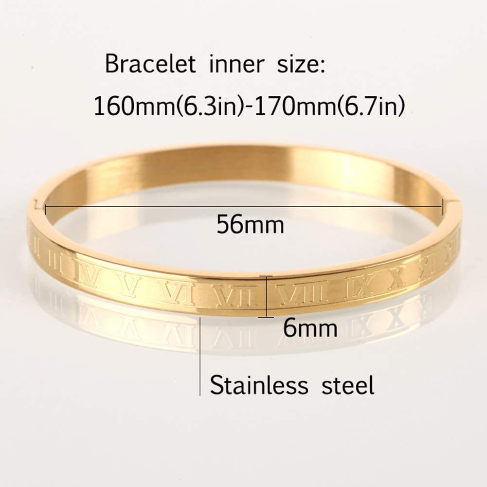 Jarlinwel Gold Silver Plated Bracelets for Men Women Roman Numeral Bangle Bracelet Stainless Steel Personalized Engraved Unisex Gift (Gold 6mm Womens)