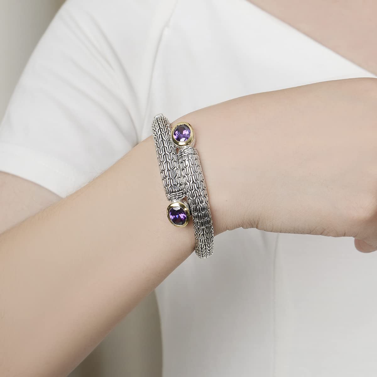 UNY JEWEL Jewelry Multi Strand Foxtail Chain Woven Pattern Inlay 8 by 10 Oval CZ Vintage Antique Two Tone Elegant Designer Inspired Unique Box Tongue Clasp Bangle (Purple)